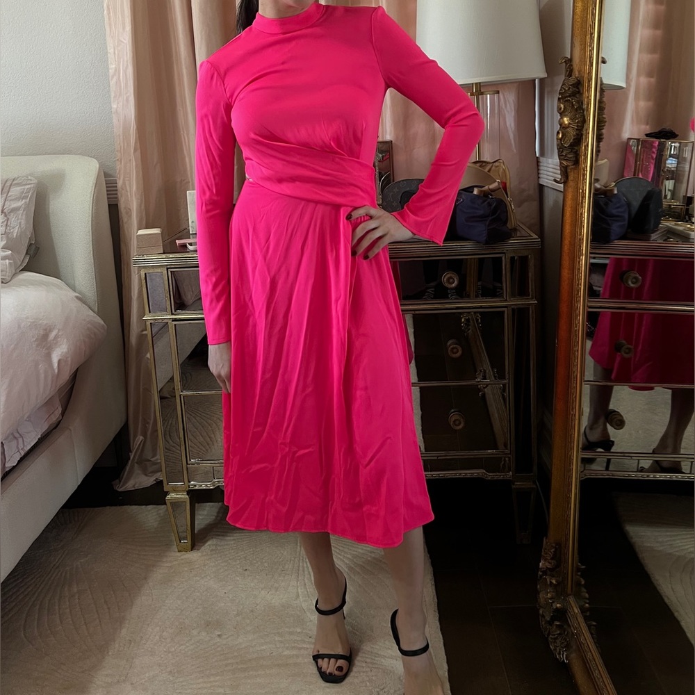 ASOS bright pink midi length, long sleeve flowy dress